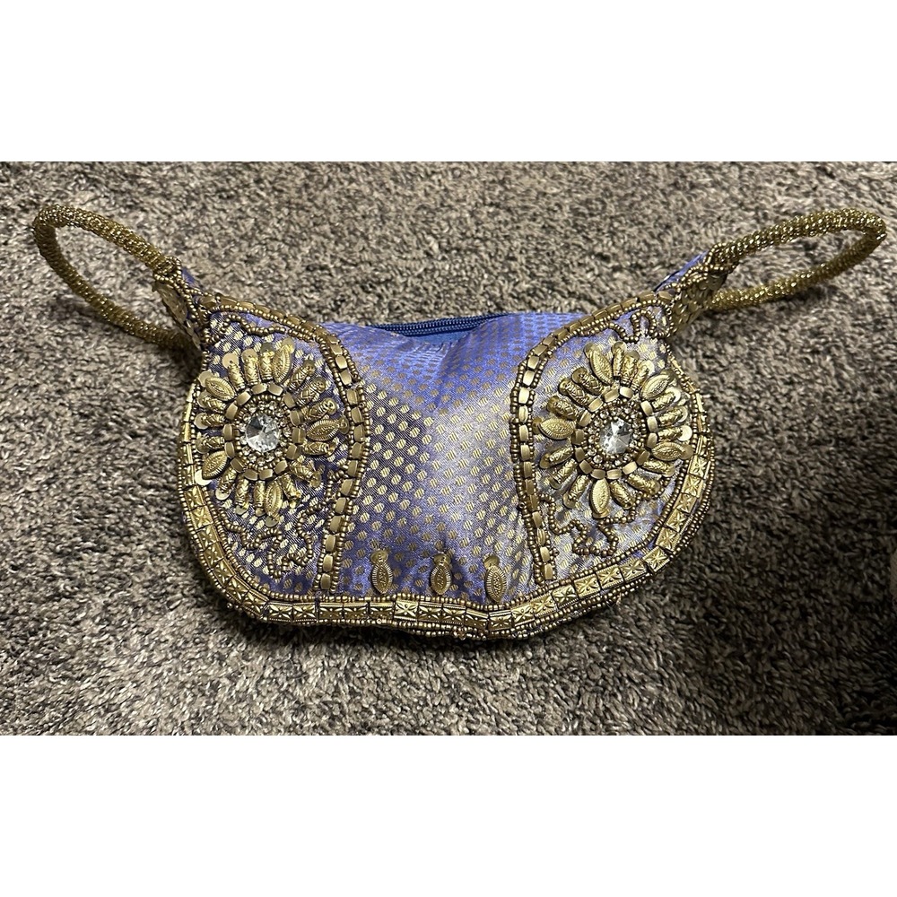 Fortune Cookie Bag Purse Wristlet Blue/Purple w/ Gold color Beads w/ Embroidery